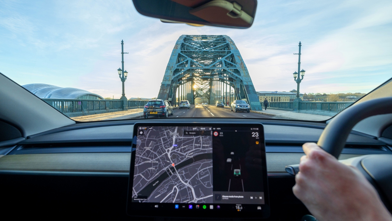 Tesla Model Y interior crossing the Tyne Bridge