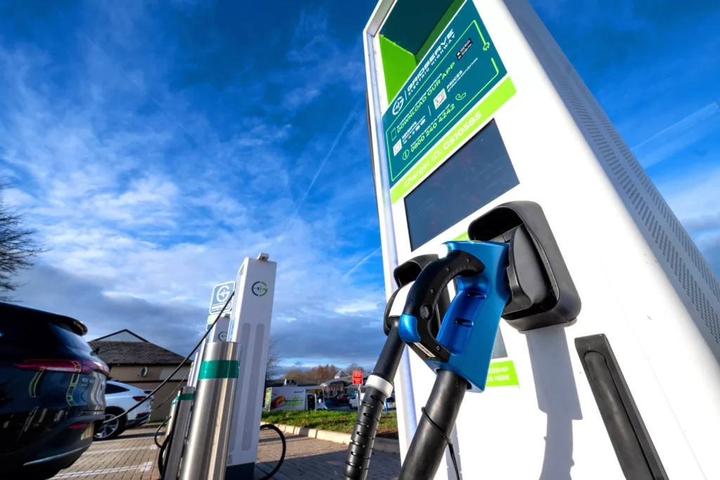 Image of GRIDSERVE charger against a blue sky